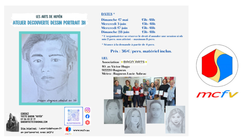 Ateliers d’initiation au dessin de portraits par Huyên en partenariat avec le MCFV à Bagneux (92) – n°6 – et expositions de Huyên Ateliers d’initiation au dessin de portraits par Huyên en partenariat avec le MCFV à Bagneux (92) – n°6 – et expositions de Huyên